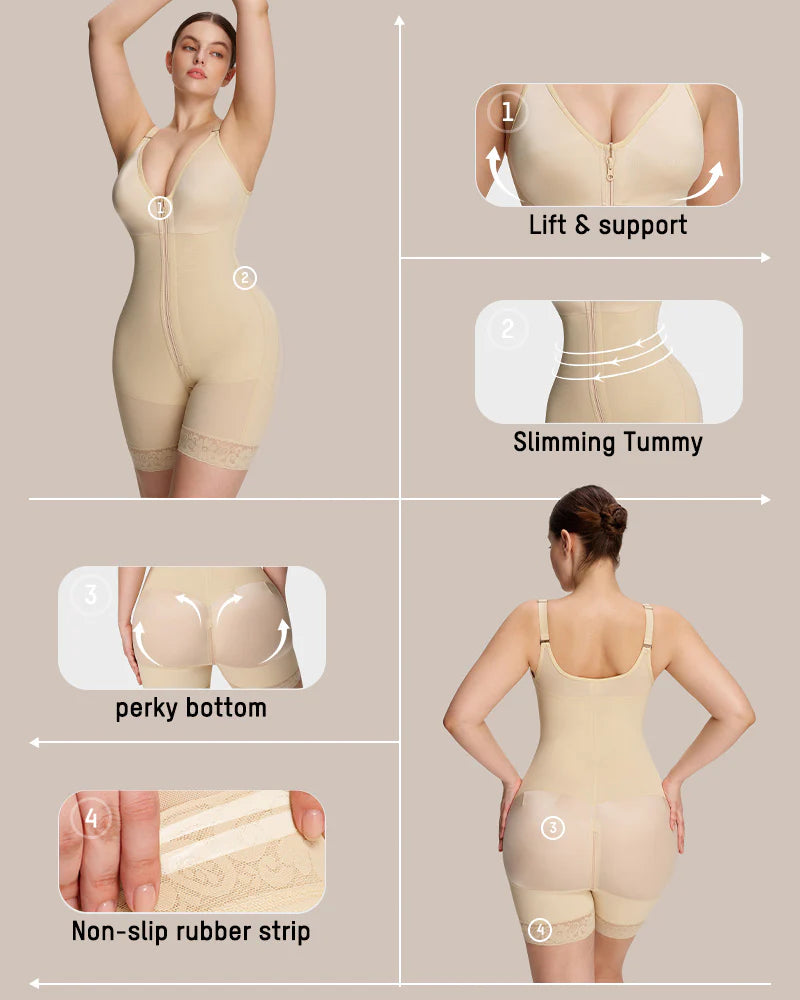 Women’s Colombian Shapewear Bodysuit – Tummy Control Butt Lifter with Zipper Crotch & Detachable Shoulder Straps