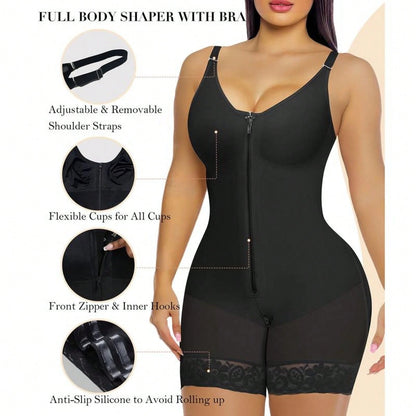 Women’s Colombian Shapewear Bodysuit – Tummy Control Butt Lifter with Zipper Crotch & Detachable Shoulder Straps