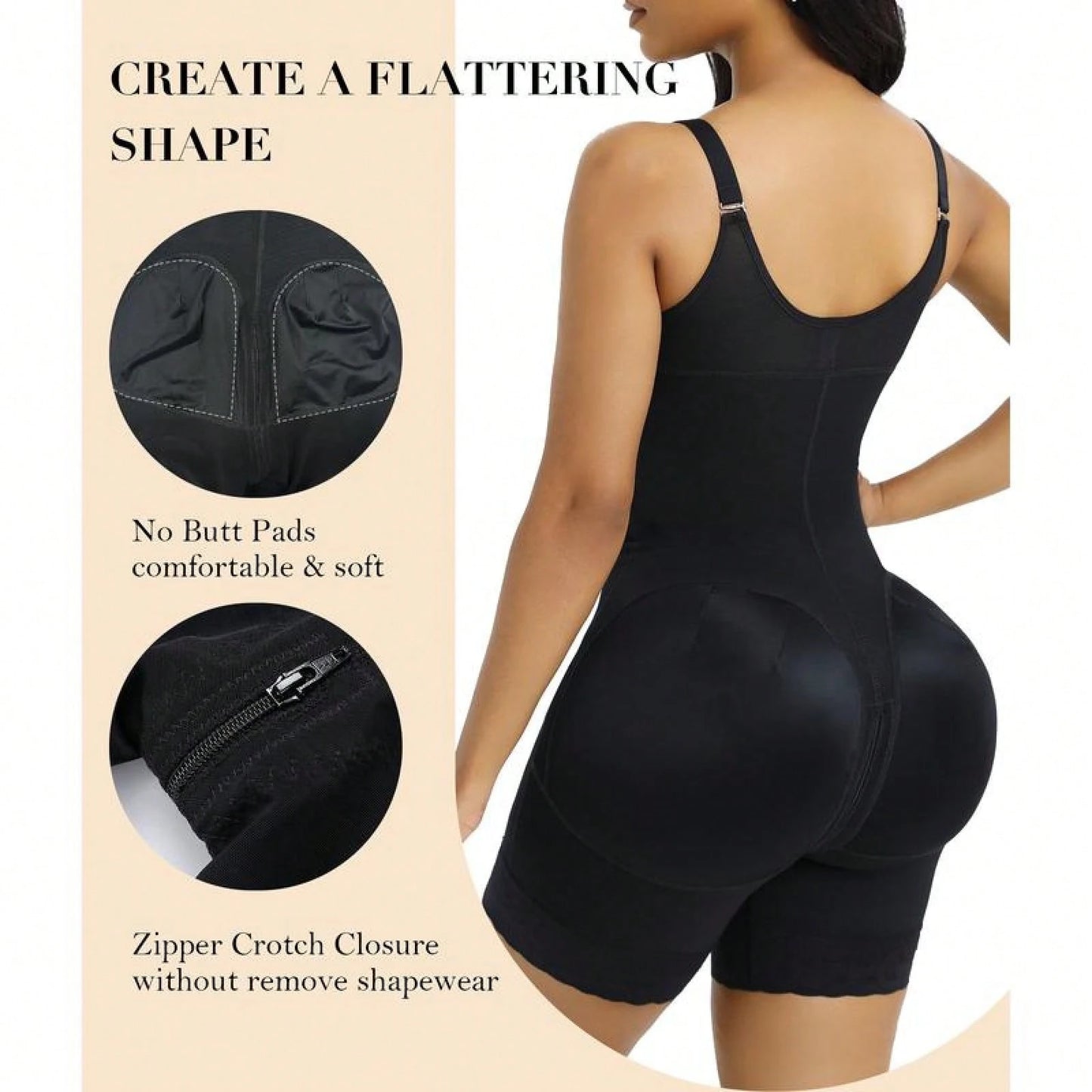 Women’s Colombian Shapewear Bodysuit – Tummy Control Butt Lifter with Zipper Crotch & Detachable Shoulder Straps