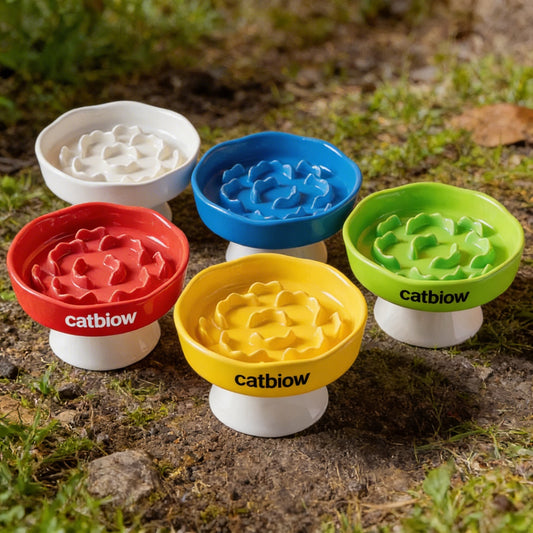 Cat Biow® Flower Shaped Ceramic Cat Bowls - Vibrant Colorful Bowls with Raised Patterns, Non-Slip Base, and Cat-Ear Design – Perfect for Food & Water