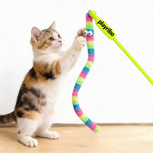 Playribo® Interactive Cat Toy – Tug-of-War with Feather Ambush | Energy-Burning Fun for Cats | Durable Rope Toy with Ribbon for Active Play