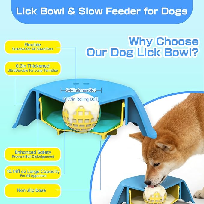 Dog Bowls for Liquid Treat, Anti-Slip【Entertained Ball-in】 Bone Broth Dog Lick Bowl, 3/4 Cup Yogurt Pup Lick Toy for Large Medium Small Breeds Dietary Supplement/Post-op Nutrition