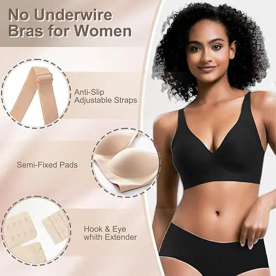 Jelly Wireless Bra for Women, Push Up Seamless T-Shirt Bras, Comfortable Plunge No Underwire Bra with Adjustable Straps