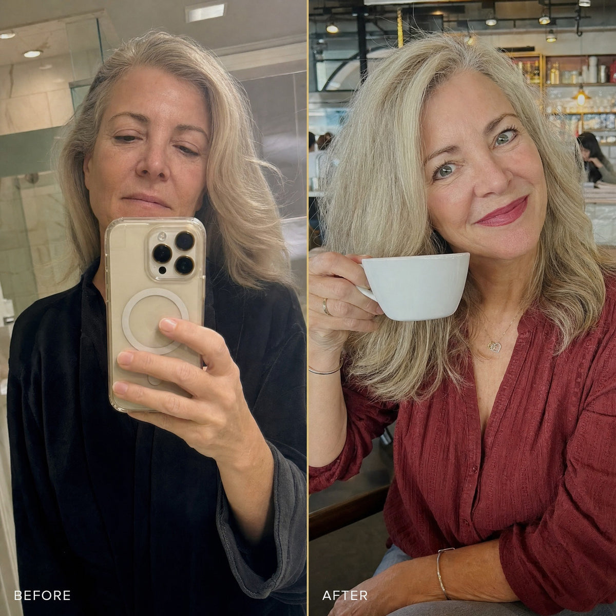 IMPRINT real-life before and after — bathroom selfie vs cafe coffee smile