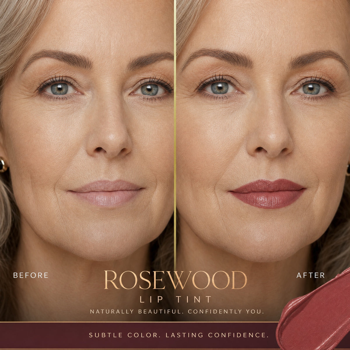 Before and after mature lips with IMPRINT Rosewood press-on lip tint