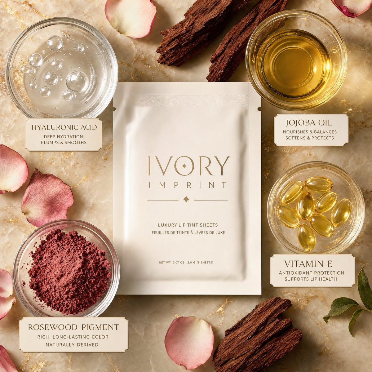 IMPRINT ingredients flat-lay — hyaluronic care and pigment film