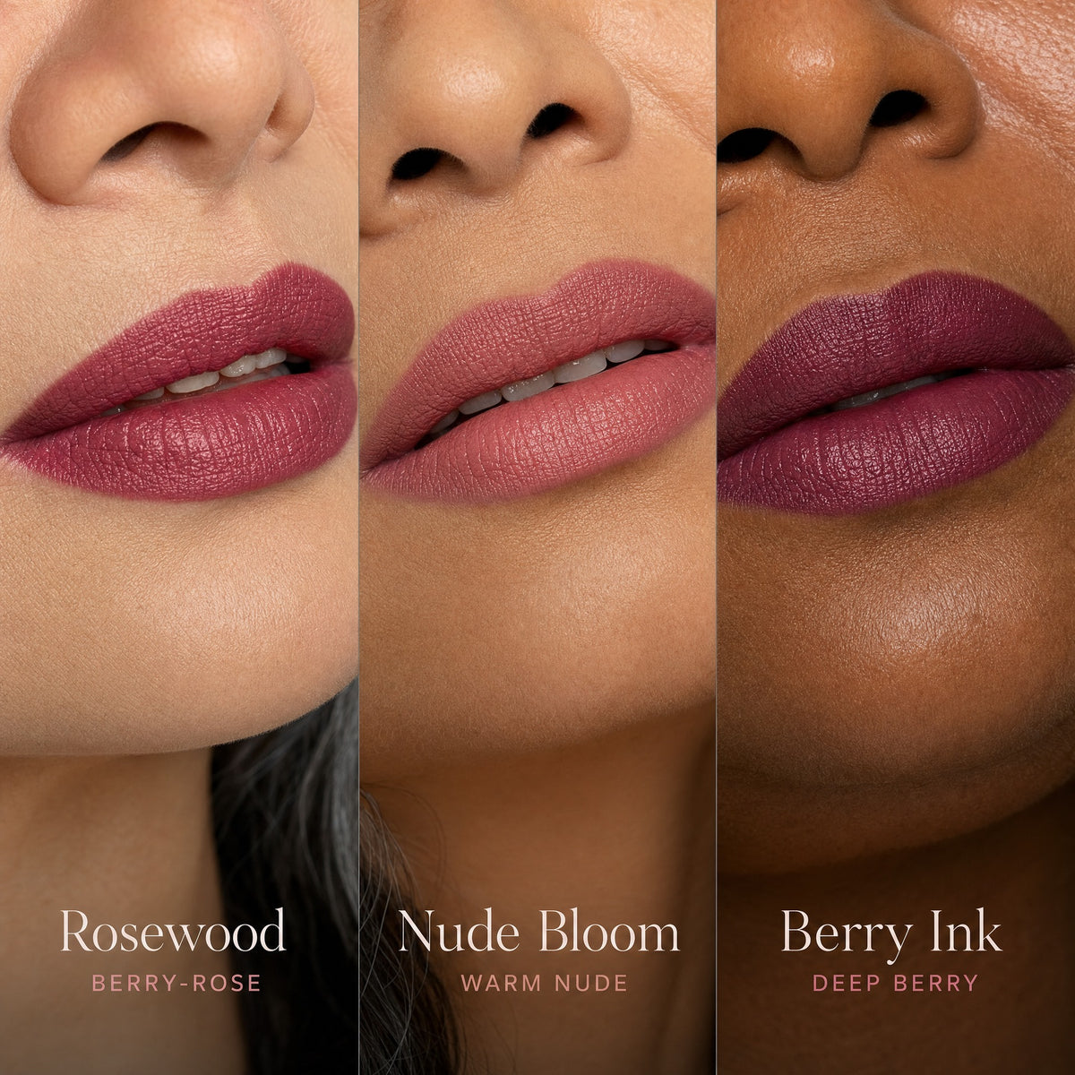 IMPRINT shade trio — Rosewood, Nude Bloom, Berry Ink